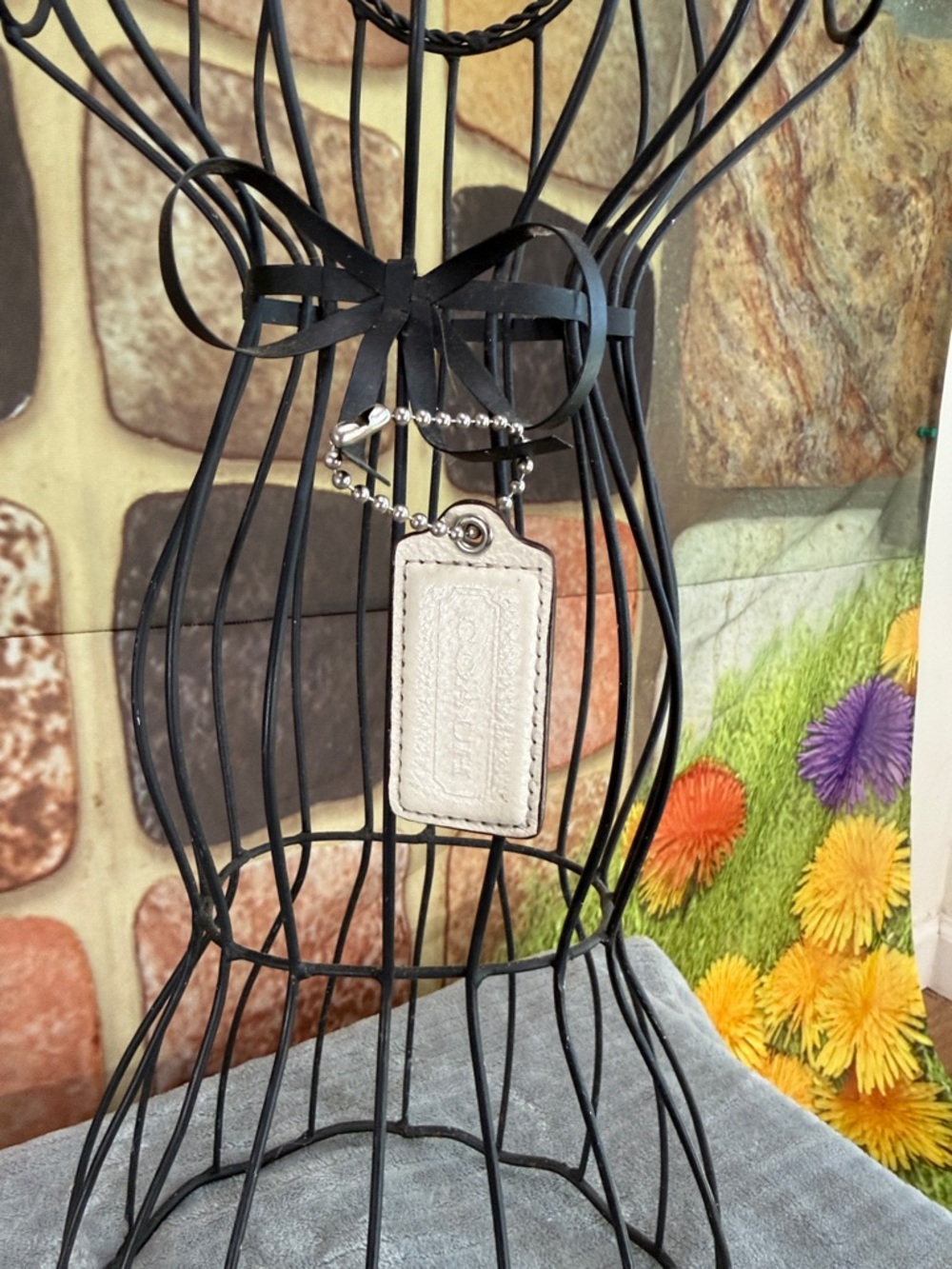 Coach Cream Leather Rectangle Key Tag with Ball Chain